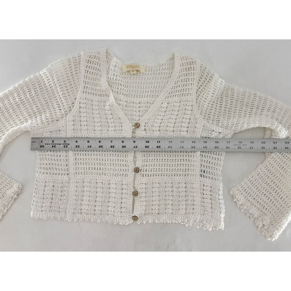 Rebellion Again Cream Crochet Cropped Cardigan XS Boho Beachy Festival Western - Picture 8 of 8